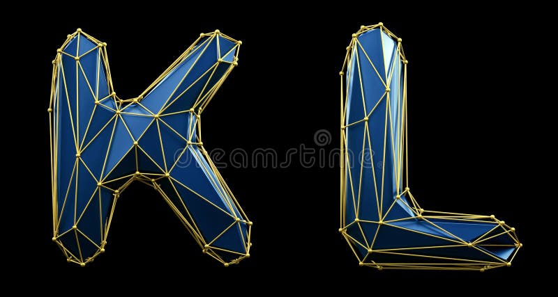 Zestaw liter k l z realistycznego koloru renderowania 3d. kolekcja alfabetów o niskim polarnym stylu wyizolowanych na czarno ilustracji