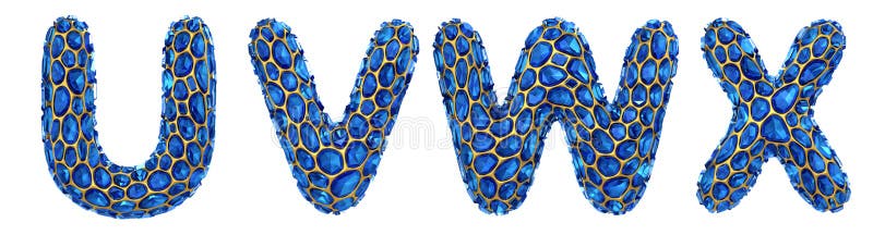 Zestaw liter u v x wykonany z realistycznego 3d renderowania niebieskiego diamentu. zbiór alfabetu diamentowego ilustracja wektor