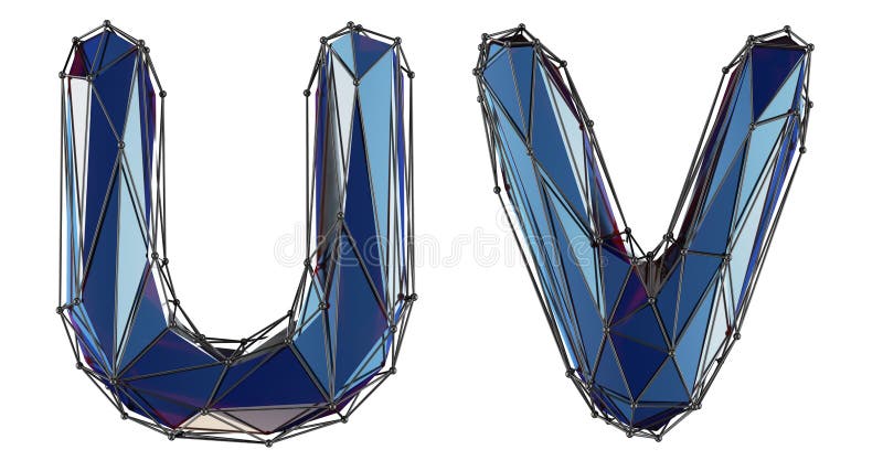 Zestaw liter U, V z realistycznego koloru renderowania 3d Kolekcja alfabetów o niskim polarnym stylu oddzielonych od bieli royalty ilustracja