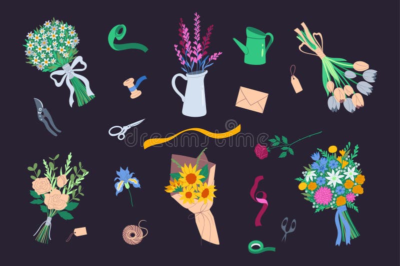 Zestaw narzędzi florista nożyczki taśmy bukiety kwiaty. grafika wektorowa ilustracji