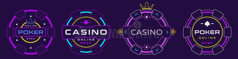 Zestaw neonowych świecących poker i chipów kasynowych z żywym zarysem nowoczesnej typografii i szczegółów korony. Idealny dla inte ilustracja wektor
