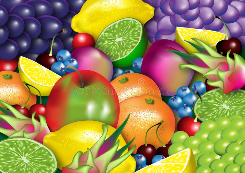 A stylized Illustration of assorted healthy fruit with very vibrant colours. A stylized Illustration of assorted healthy fruit with very vibrant colours