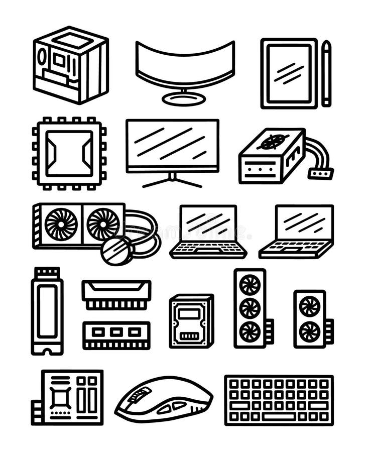 Zestaw rysunkowych rysunków fabularnych komputerowego i technologicznego rysowanego ręcznie. ilustracji