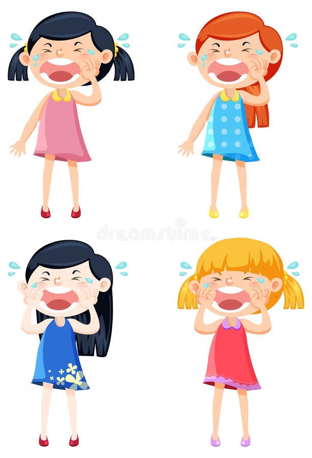 Set of different four girls crying illustration. Set of different four girls crying illustration