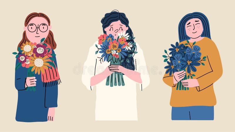 Zestaw różnych kobiet z bukietami kwiatów. zbiór elementów. ilustracja wektor