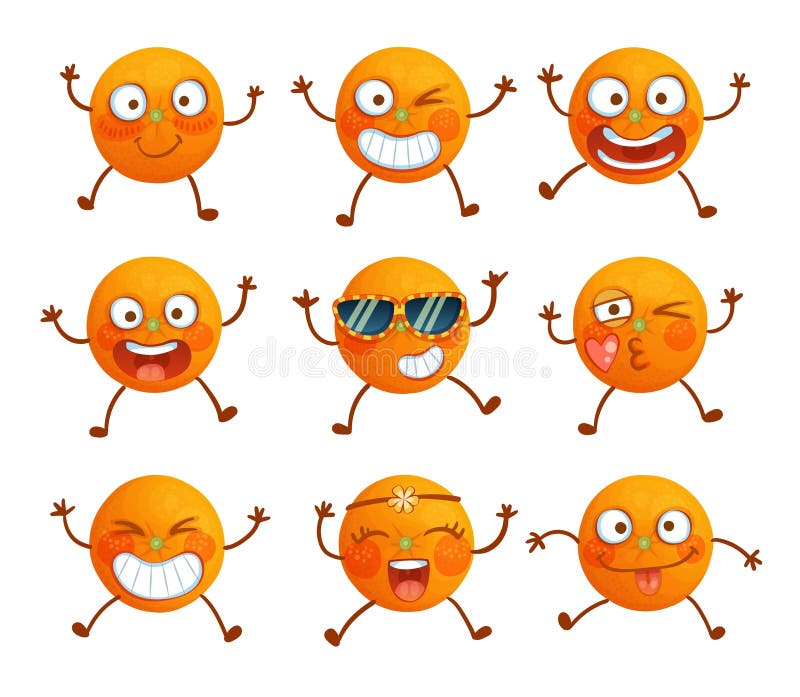 Zestaw 9 super szczęśliwych postaci pomarańczowych owoców wyizolowanych na białym tle śmieszne pomarańczowe ikony wektora emoji ko ilustracja wektor