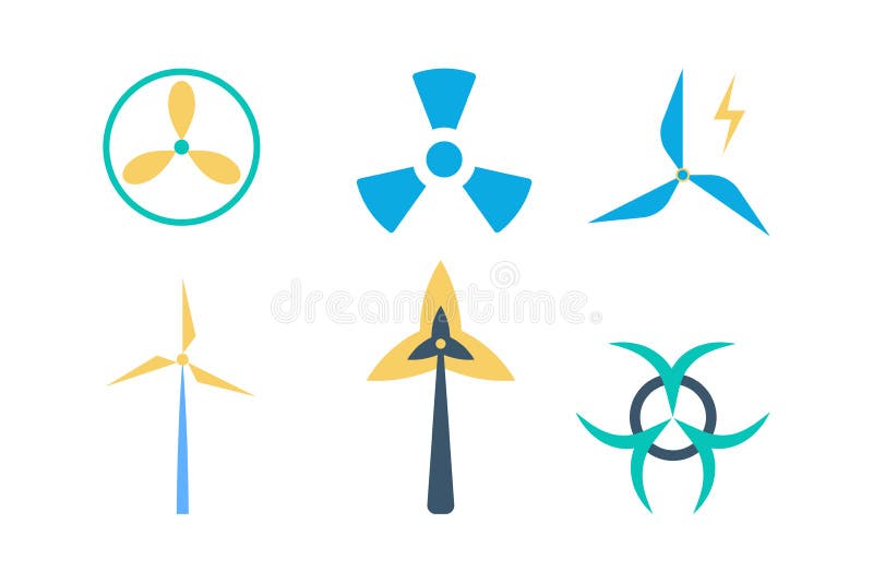 Nuclear power sign and wind power symbol set. Electric energy, environment friendly. Isolated vector illustration in flat style. Nuclear power sign and wind power symbol set. Electric energy, environment friendly. Isolated vector illustration in flat style