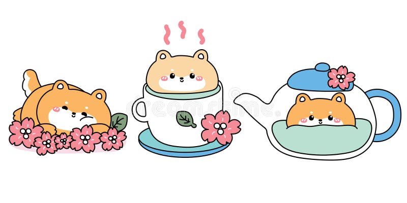 Zestaw słodkiej herbaty Shiba inu pies popołudniowa herbata impreza filiżanka zielonej herbaty matcha royalty ilustracja