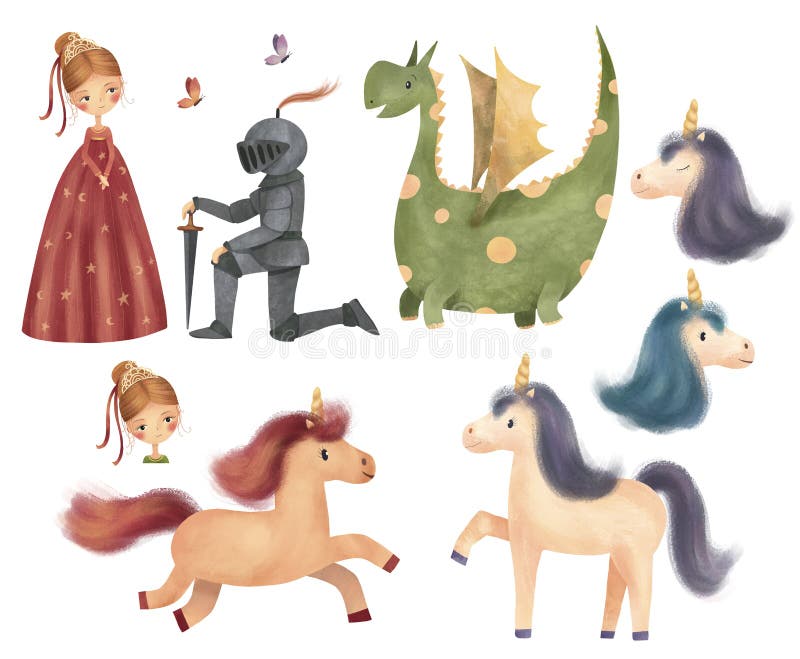 Zestaw uroczych bohaterów księżniczka rycerz smok unicorn i motyl ilustracja wektor
