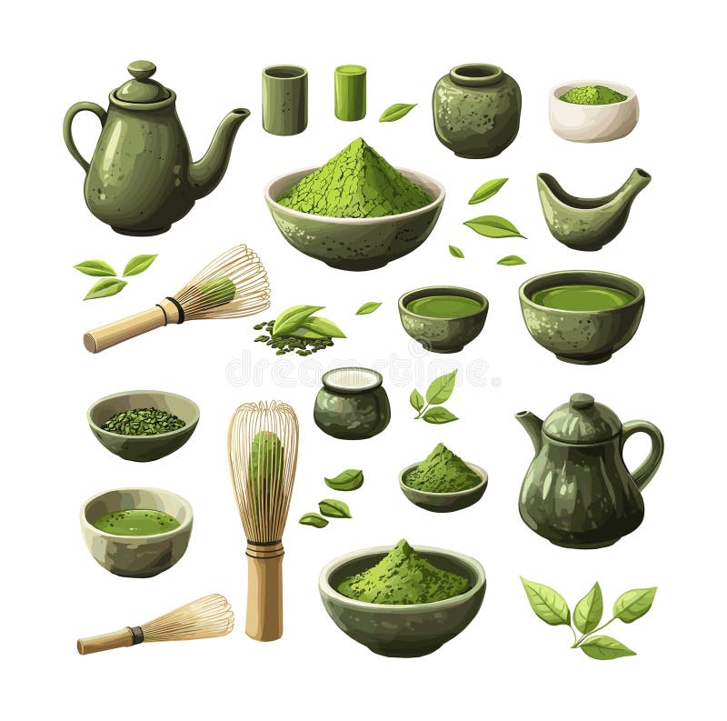 Zestaw wektorów kartoteki zielonej matcha. kubki liście łyżka herbata proszek kamienna czkawka ceramiczna miska wschodni tradycyjn ilustracji