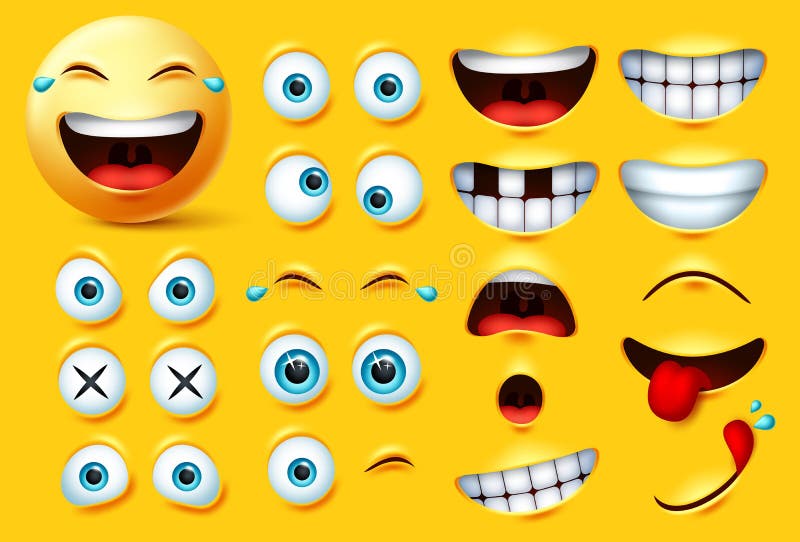 Zestaw wektorów zestawu do tworzenia emoji Smiley Uśmiechnięte emotikony i emojis twarzy oczy i usta w zaskoczeniu, podekscytowan ilustracji
