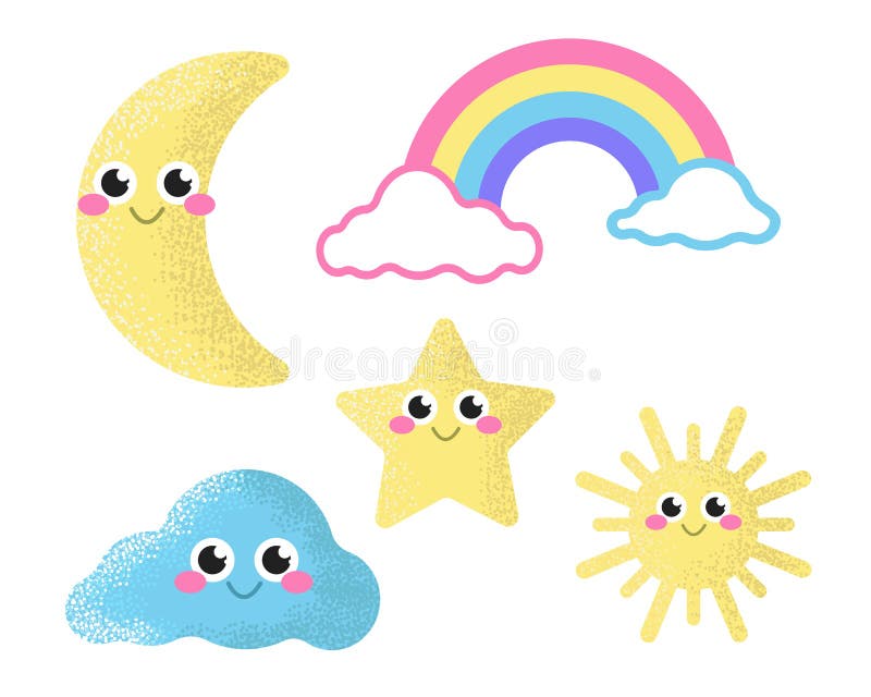 Zestaw ładnych ikon gwiazda księżyca tęcza chmura i słońce. miękkie kolory pastelowe dekoracji dla szkółki. płaska ilustracja wekt ilustracja wektor