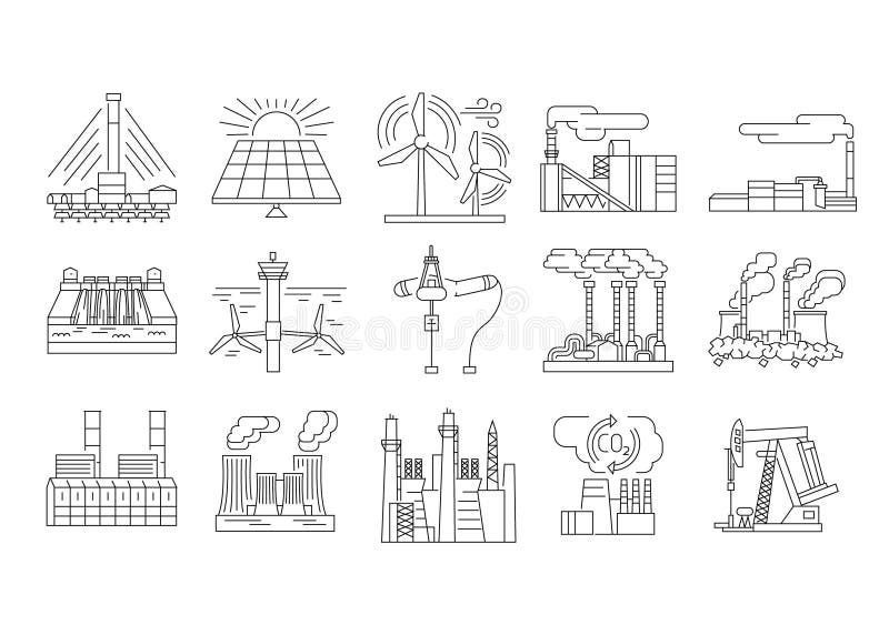 Zestawy ikon linii kolorów alternatywnych źródeł energii. ilustracji