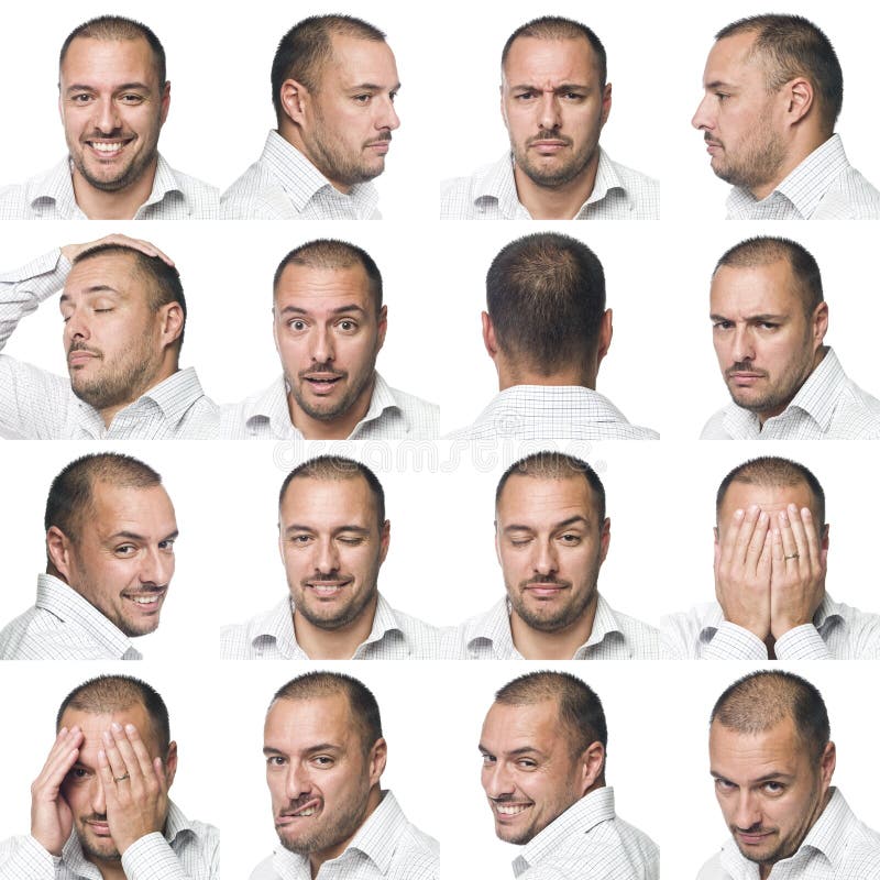 Sixteen facial expressions of a man isolated on a white background. Sixteen facial expressions of a man isolated on a white background