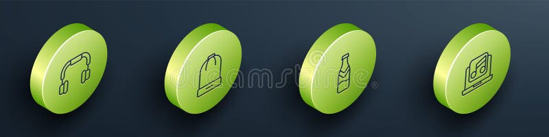 Set Isometric line Headphones Winter hat Beer bottle and Laptop with music icon. Vector. Set Isometric line Headphones Winter hat Beer bottle and Laptop with music icon. Vector.