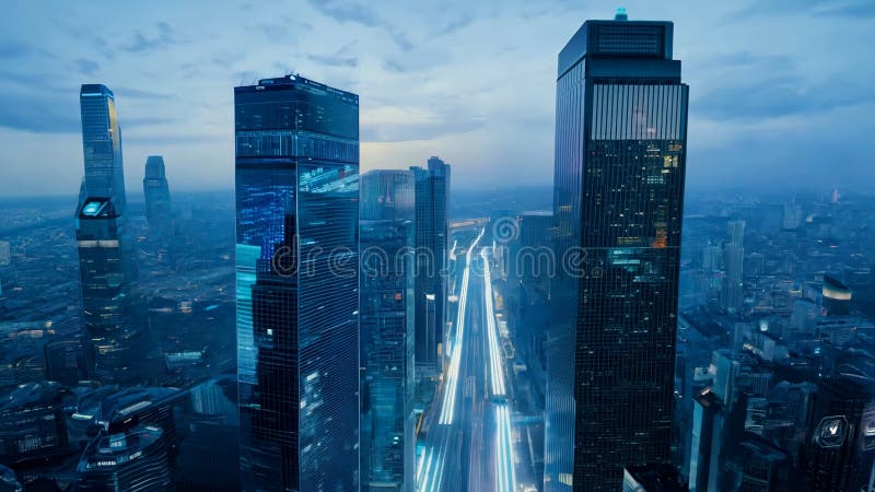 Zgârie-nori strălucitori care se ridică deasupra străzilor aglomerate care dezvăluie peisajul urban nocturn plin de energie tehnol royalty free stock photos