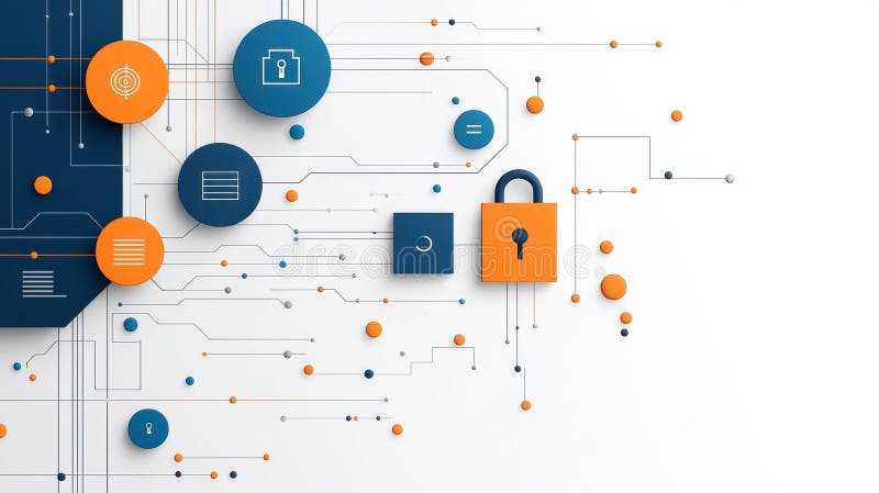 Zgłębianie koncepcji technologii twierdzy cyfrowej przy użyciu bezpiecznych elementów w dynamicznym kole umożliwiającym przyszłe b. W intrygującej prezentacji wizualnej przedstawiającej białe tło z harmonijnymi pomarańczowymi i niebieskimi kółkami obraz symbolizuje ideę fortecy cyfrowej. dodanie blokady oznacza bezpieczeństwo technologii, ponieważ pracujemy nad zabezpieczeniem naszej przyszłości przed zagrożeniami cyfrowymi. koncepcja ta podkreśla znaczenie opracowania innowacyjnych rozwiązań bezpieczeństwa chroniących nasz krajobraz cyfrowy