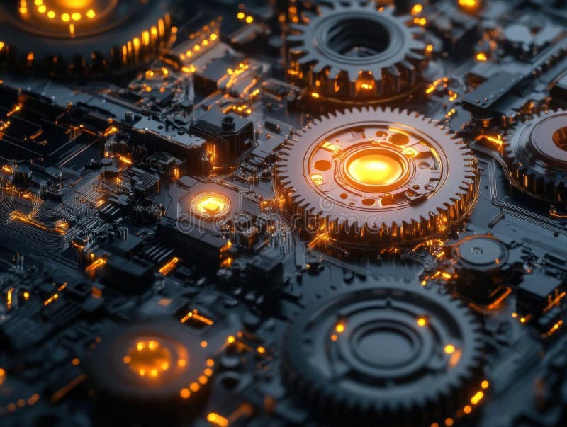 Zgłębianie skomplikowanych biegów i obwodów jest fascynującym osiągnięciem technologicznym royalty ilustracja