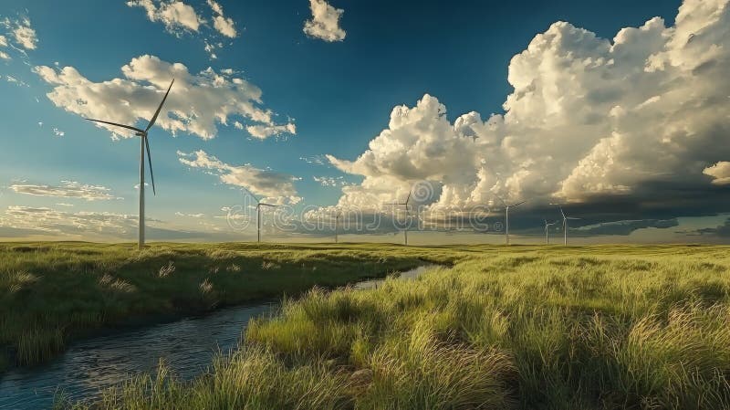 Zgłębianie spokoju pola strumieniem płynącym przez nie : naturalne źródło czystej energii ilustracja wektor