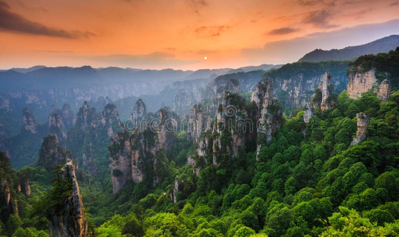 Zhangjiajie Forest Park nazionale al tramonto, Wulingyuan, Hunan fotografie stock libere da diritti