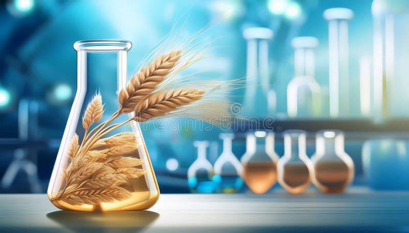 Ziarno w laboratorium. Laboratoryjne ustawienie kolb szklanych i zlewek na niebieskim tle. Łodygi pszenne Triticum spp umieszcza się w jednej kolbie zawierającej złoty płyn. Pozostałe puste szkło znajduje się w pobliżu, włącznie z kolbami okrągłymi i wysokimi cylindrycznymi. Porozumienie sugeruje eksperymentowanie lub badania z udziałem pszenicy lub ziaren. Powierzchnia odbijająca światło i czyste środowisko podkreślają atmosferę naukową.