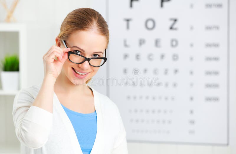 Zichtcontrole vrouw in glazen bij optische artsenoftalmoloog royalty-vrije stock foto Zichtcontrole vrouw in glazen bij optische artsenoftalmoloog royalty-vrije stock foto