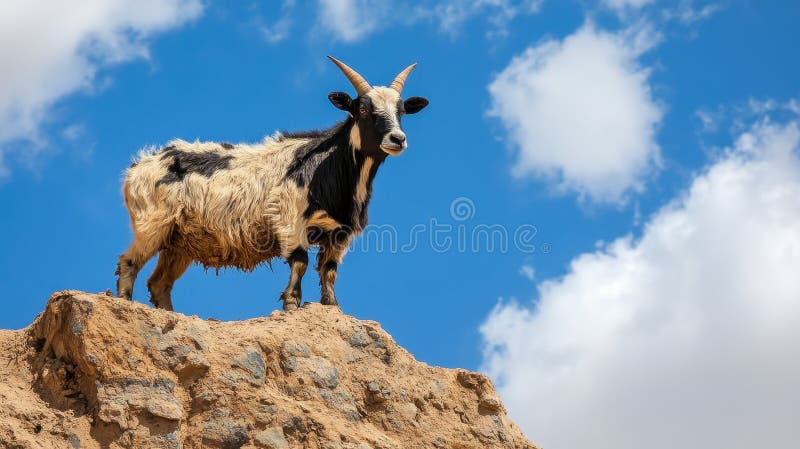 Ziege auf einem Hügel : Majestic Animal Posts gegen einen blauen Himmel mit flauschigen Wolken lizenzfreie stockfotos
