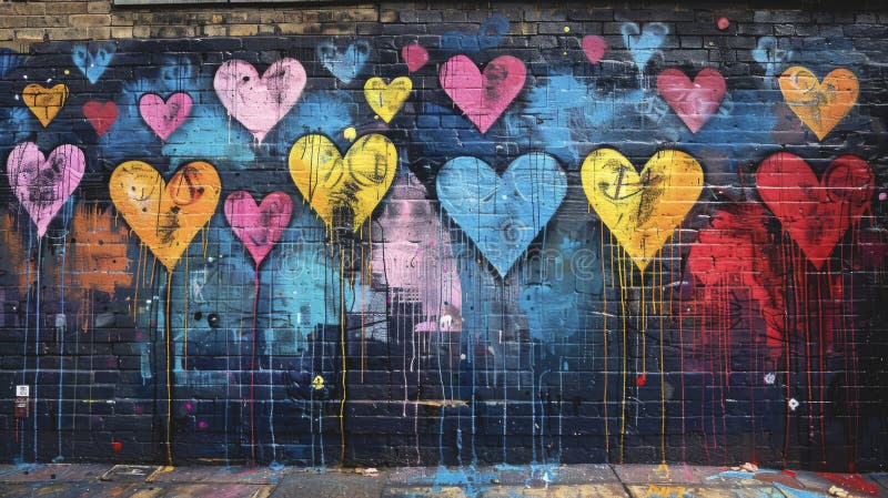 Brick wall with colorful painted hearts in graffiti style. Love and Valentines day themed. Vintage effect. Street art. AI generated. Brick wall with colorful painted hearts in graffiti style. Love and Valentines day themed. Vintage effect. Street art. AI generated