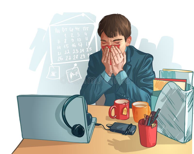 Zieke bedrijfsmens. grafisch beeldverhaal afschilderend een zieke mens vector illustratie Zieke bedrijfsmens. grafisch beeldverhaal afschilderend een zieke mens vector illustratie