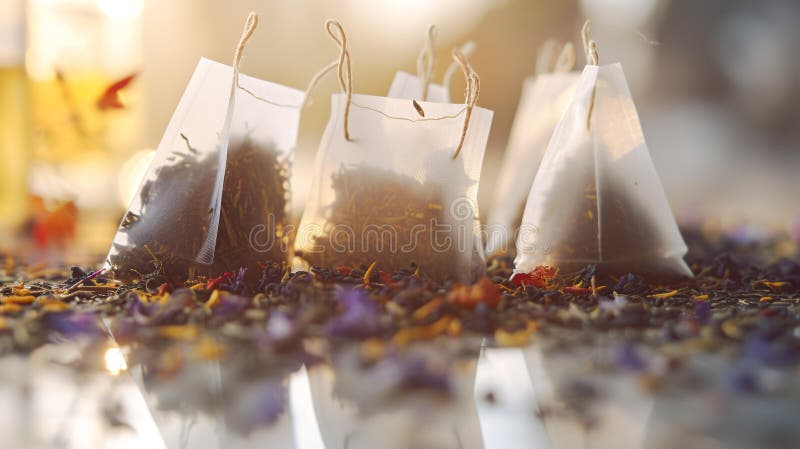 Herbal tea bags and loose leaves form an artful composition, evoking a sense of tranquility and calm. Herbal tea bags and loose leaves form an artful composition, evoking a sense of tranquility and calm