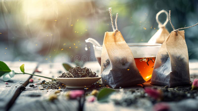 Herbal tea bags and loose leaves form an artful composition, evoking a sense of tranquility and calm. Herbal tea bags and loose leaves form an artful composition, evoking a sense of tranquility and calm