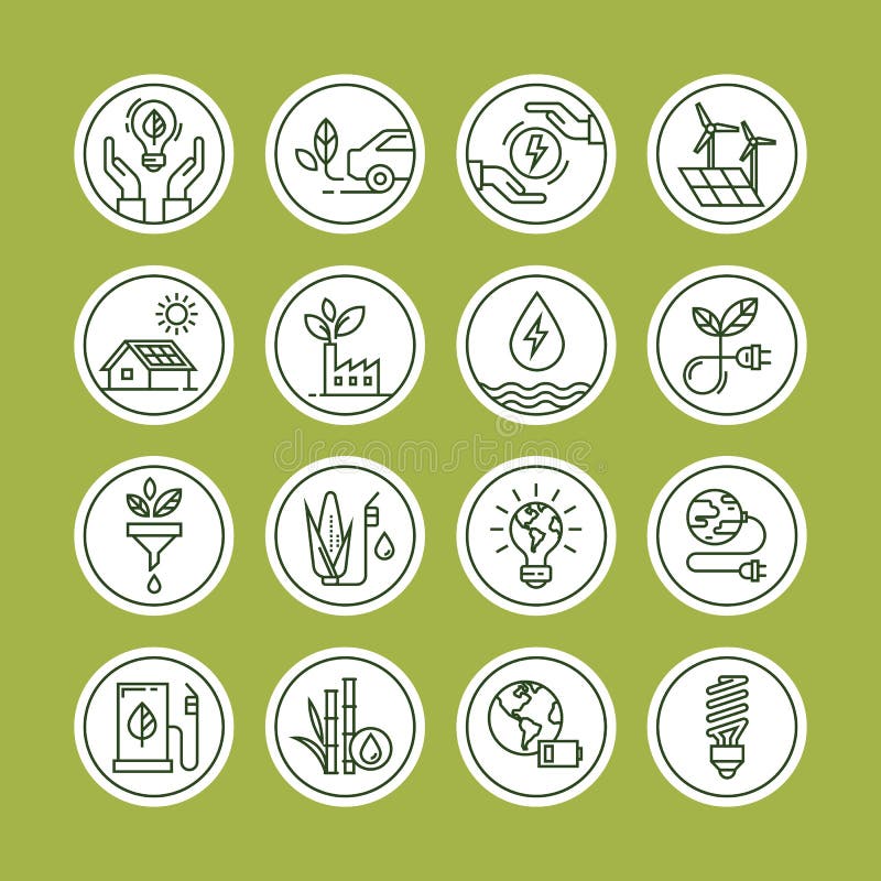 Zielona energetyczna ikona ustawiająca w kreskowym stylu ilustracja wektor Zielona energetyczna ikona ustawiająca w kreskowym stylu ilustracja wektor