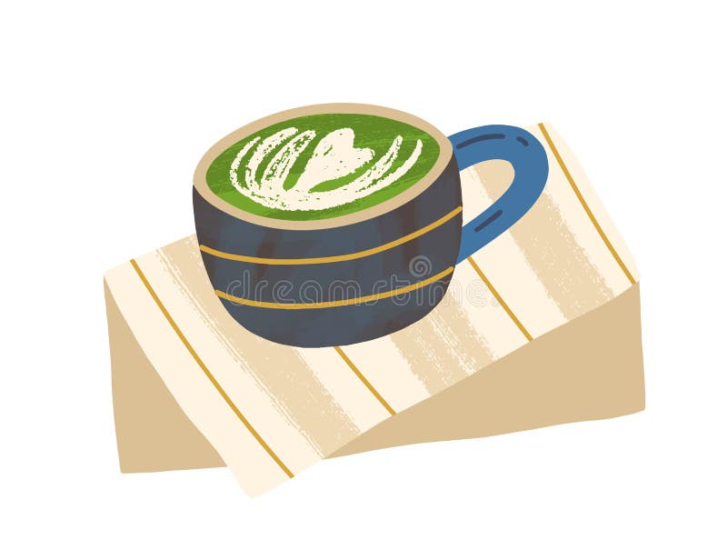 Zielona kawa matcha z pianką w kubku. cappuccino lub latte. japoński wegański napój organiczny. kolorowy wektor płaski royalty ilustracja