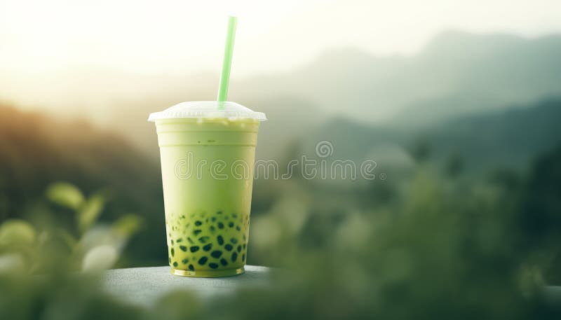 Zielona maccha bubble tea w kubku przeciwko plantacjom herbaty. antyutleniacz i dietetyczny koktajl wegański na zdrową porcję śnia ilustracji