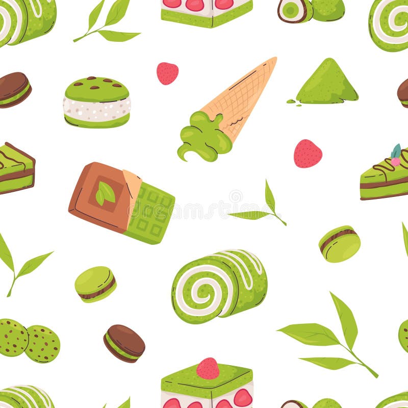 Zielona maccha i czekoladowe desery słodkie. ciasta makarony i jagody. wektor piekarniczy z liści i kawiarni spożywczych ilustracji
