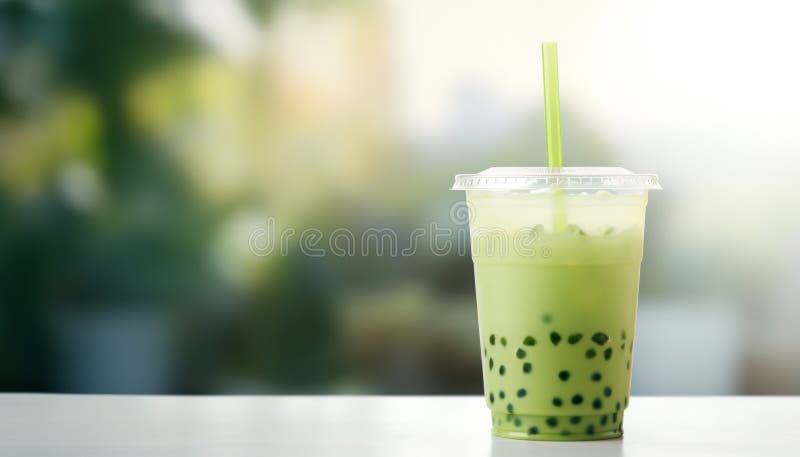 Zielona matcha bubble tea w kubku przeciwko naturze tło. antyutleniacz i dietetyczny koktajl wegański na zdrową porcję śniadania royalty ilustracja