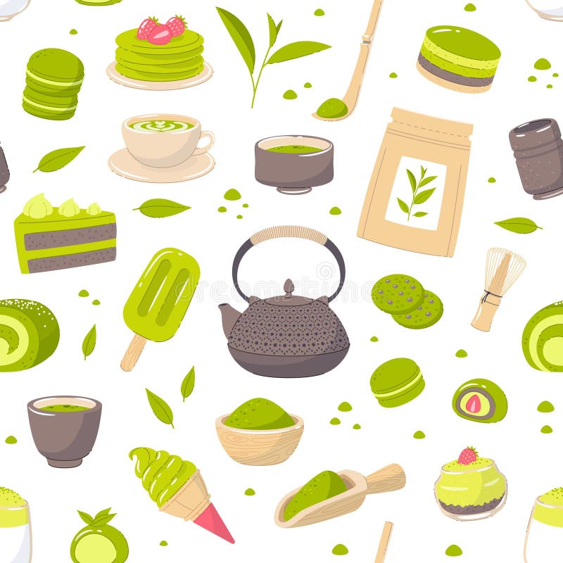 Zielona matcha desery bez szwu. japońska herbata gorący napój i akcesoria do picia lody makarony i ciasto ilustracja wektor