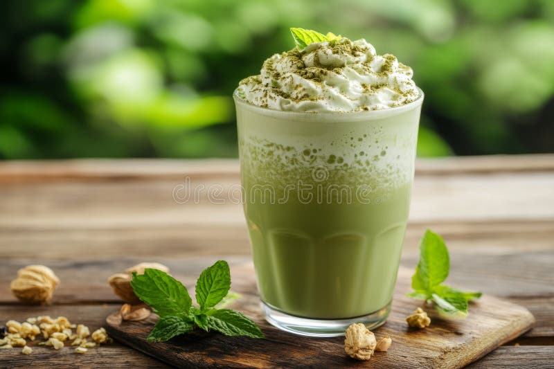 Zielona matcha latte na drewnianym tle ilustracja wektor