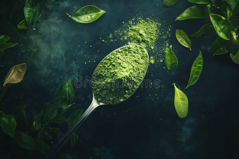 Zielona matcha proszek w łyżce z liśćmi herbaty ilustracja wektor