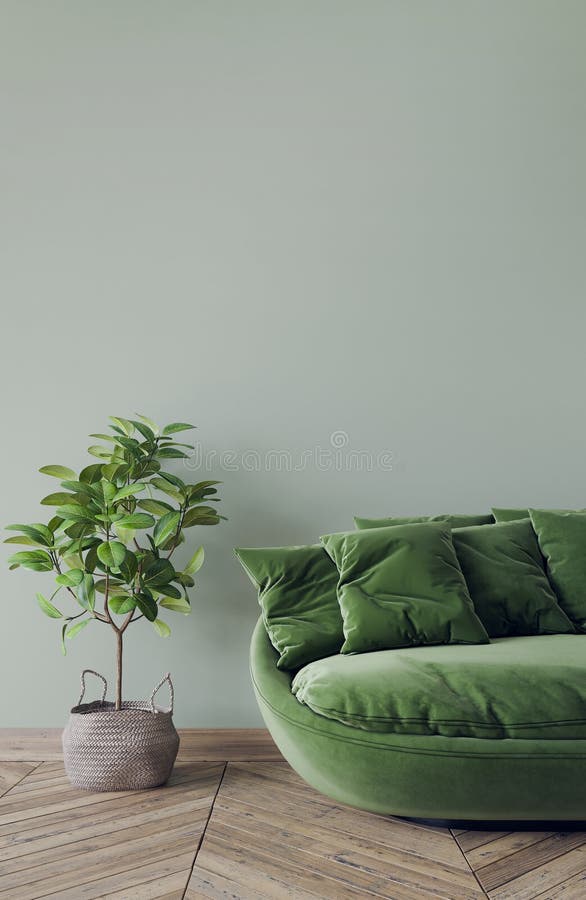Zielona, prosta sofa w nowoczesnym koszyku rattan w stylu wnętrz na pustej zielonej ścianie