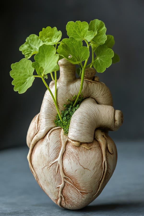 Zielona roślina rosnąca z ceramicznej rzeźby serca ilustracja wektor