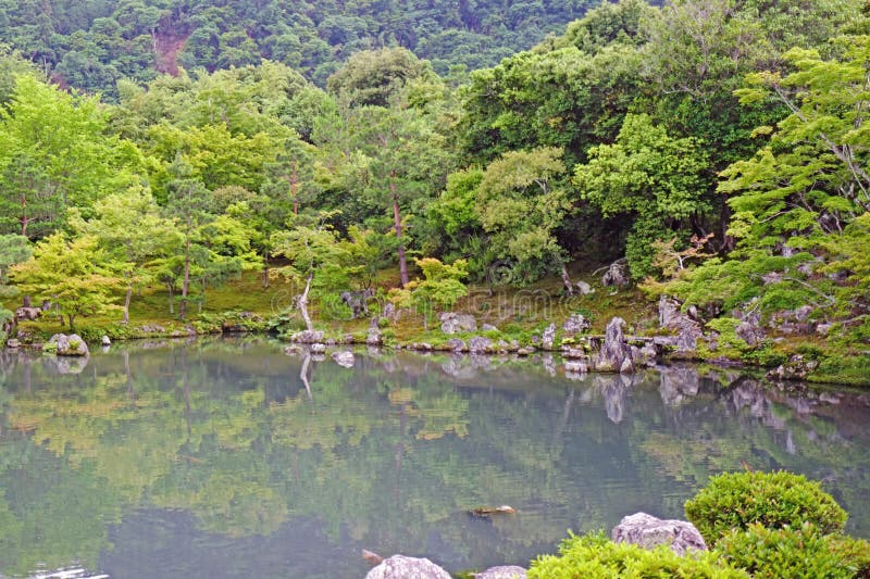 Zielone rośliny, drzewa, góra, jezioro z odbiciem w Japonia ze obrazy stock