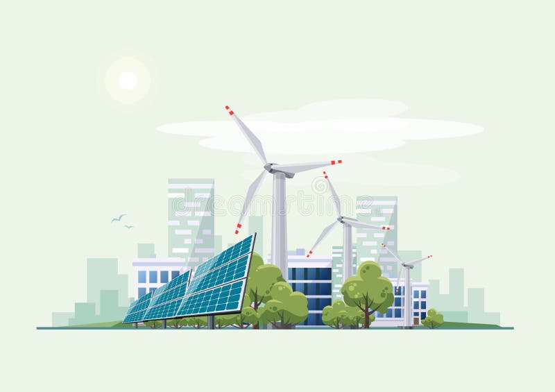 Solar panels and wind turbines in front of the city skyline in the background. Eco green city theme. Ecological sustainable energy supply. Solar panels and wind turbines in front of the city skyline in the background. Eco green city theme. Ecological sustainable energy supply.