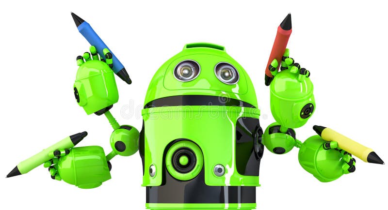 Zielony ręka robot z ołówkami Multitasking pojęcie Zawiera ścinek ścieżkę ilustracja 3 d royalty ilustracja Zielony ręka robot z ołówkami Multitasking pojęcie Zawiera ścinek ścieżkę ilustracja 3 d royalty ilustracja