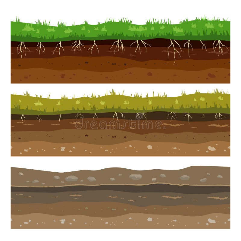 Soil ground layers. Seamless campo ground dirt clay surface texture with stones and grass. Vector set. Soil ground layers. Seamless campo ground dirt clay surface texture with stones and grass. Vector set