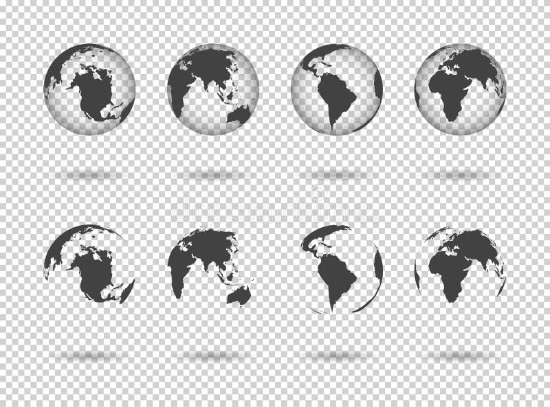 Ziemia globalna. ikony map świata. zestaw 3d globus z europe asia africa usa australia i china. szare proste planety ilustracji