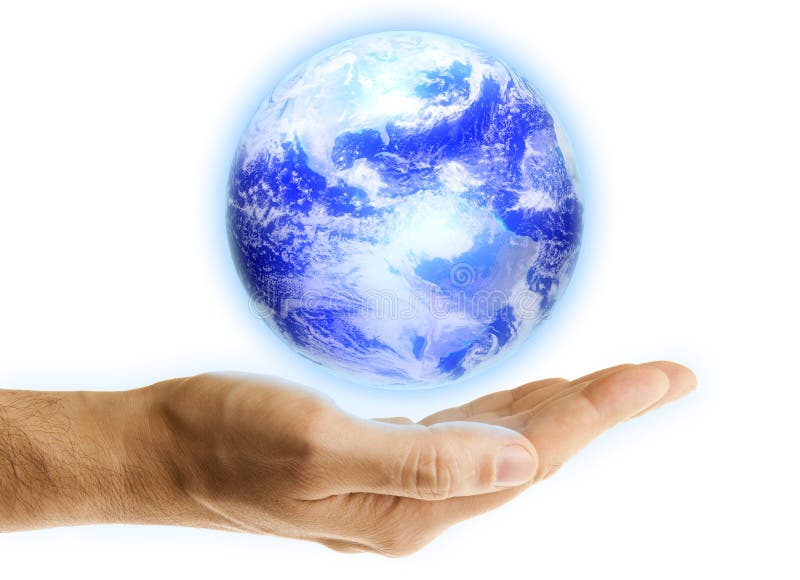 Glowing blue earth in a hand on white background. Glowing blue earth in a hand on white background