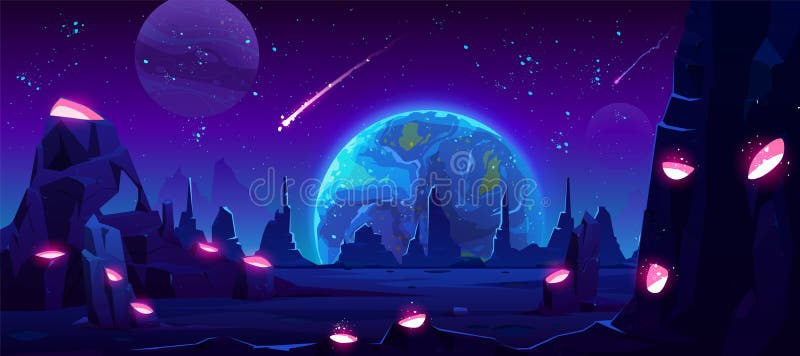 Ziemski widok przy nocą od obcej planety, neonowa przestrzeń ilustracji