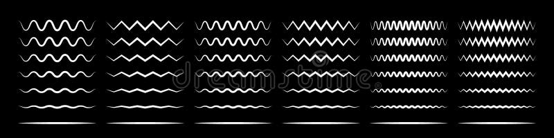 Zigzag wave line patterns, smooth end squiggly horizontal white lines. Vector curvy underlines royalty free illustration