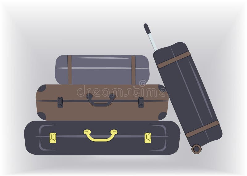 Zijn de reis modieuze koffers, dozen in bruine en marinekleuren, klaar voor vakantie aan de kust of het land of voor zakenreis royalty-vrije illustratie Zijn de reis modieuze koffers, dozen in bruine en marinekleuren, klaar voor vakantie aan de kust of het land of voor zakenreis royalty-vrije illustratie